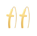 Gold cross hoop dangle earrings pair, wire hoops with flat cross pendants