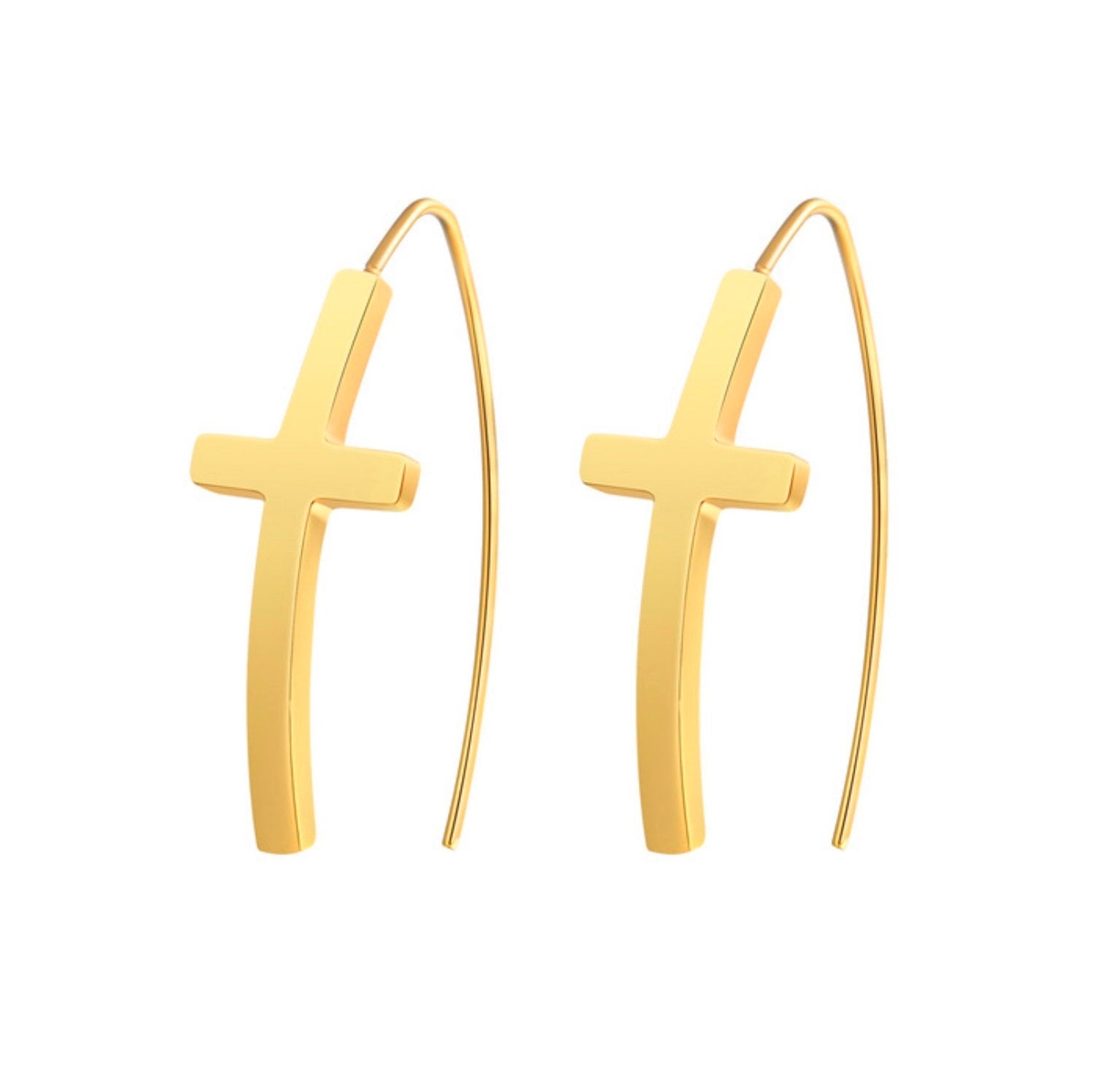 Gold cross hoop dangle earrings pair, wire hoops with flat cross pendants