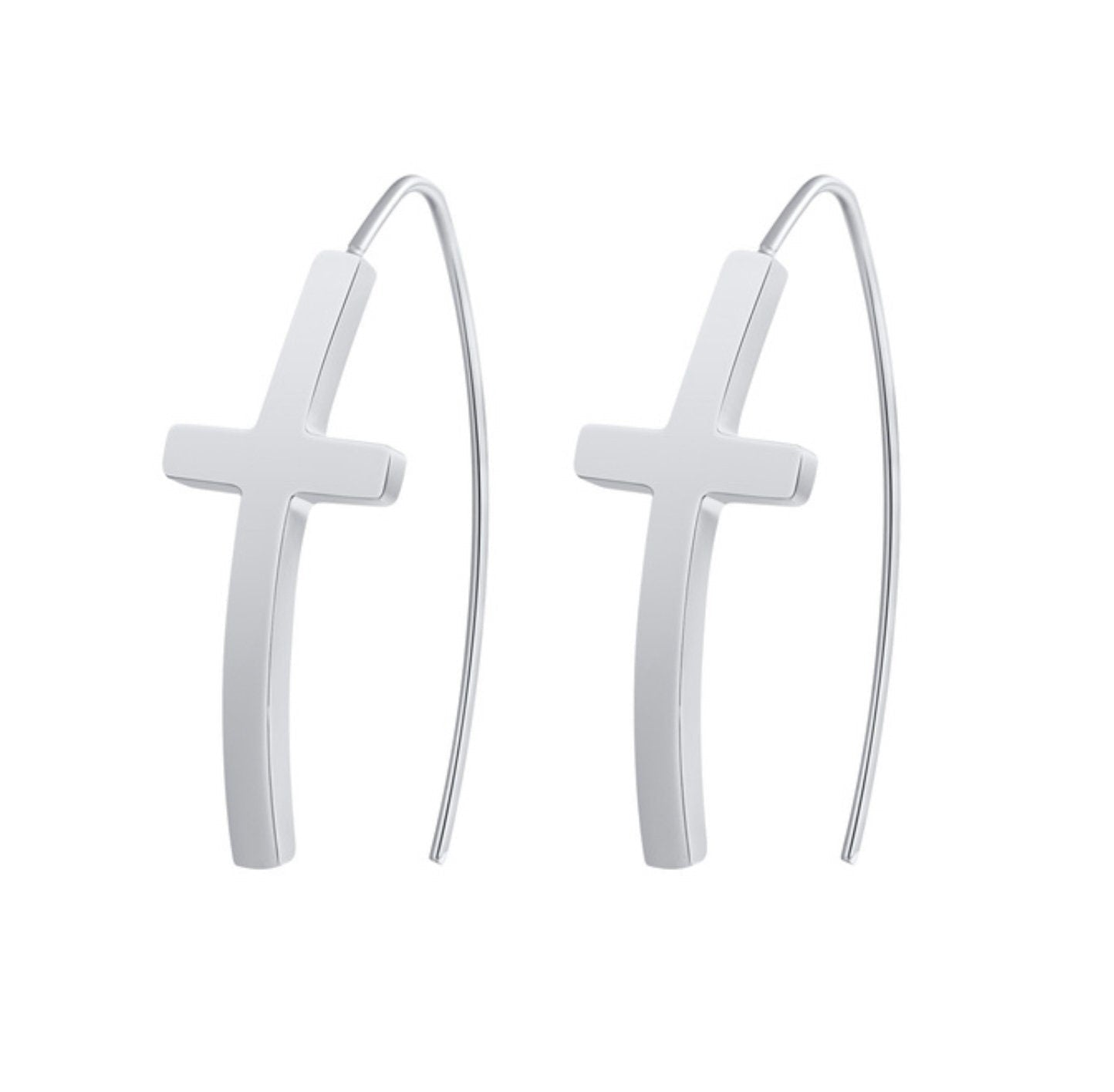 Silver cross hoop dangle earrings pair, wire hoops with flat cross pendants