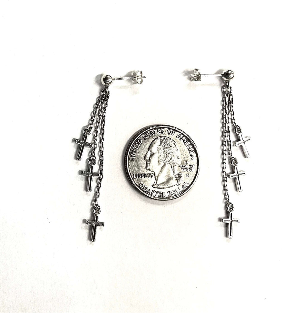 Sterling silver cross dangle earrings with three chain strands and crucifix charms, with coin
