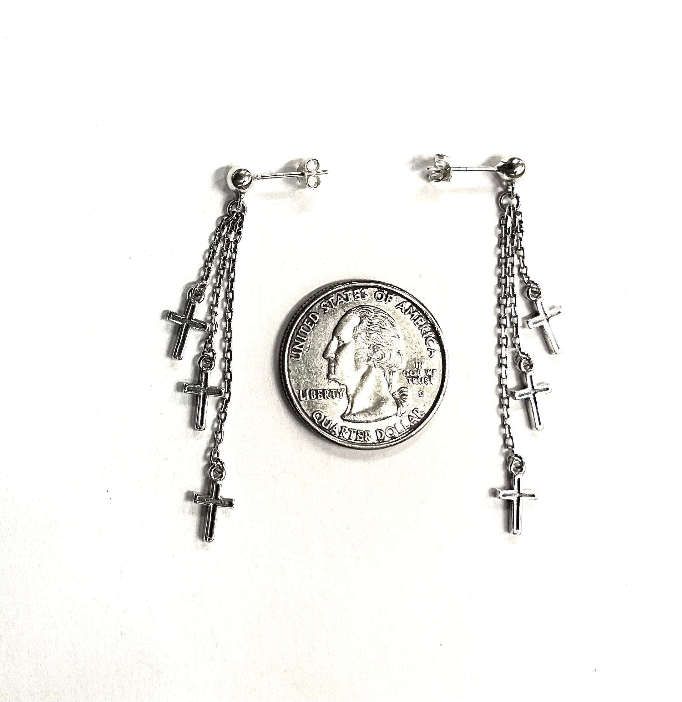 Sterling silver cross dangle earrings with three chain strands and crucifix charms, with coin