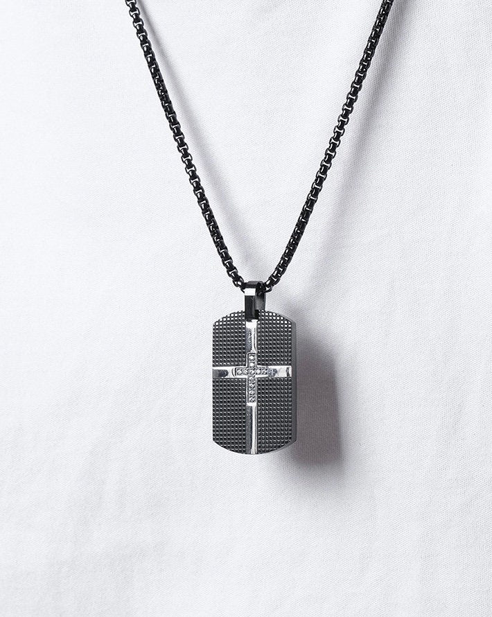 Black dog tag pendant necklace with cross centerpiece on link chain