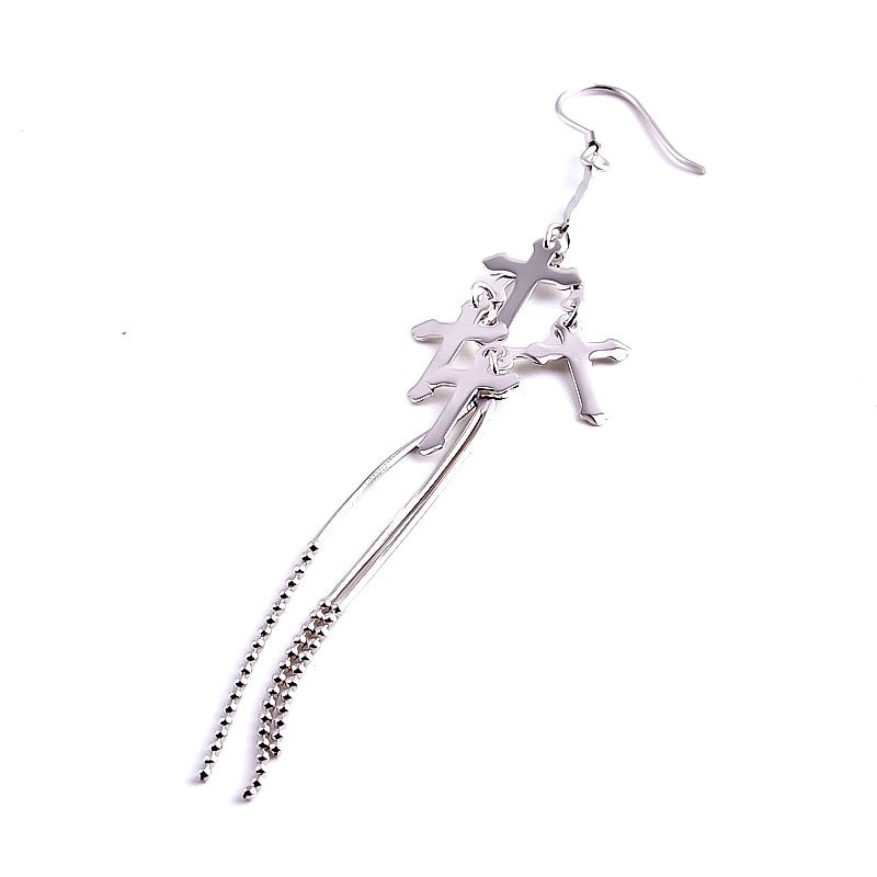 Single sterling silver cross tassel earring with long chain dangle