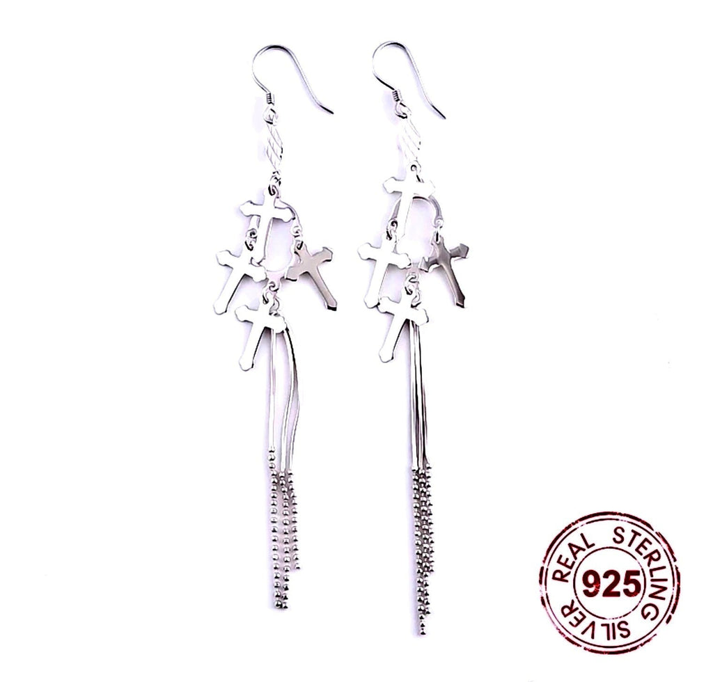 Sterling silver 925 cross tassel earrings with long bead-like dangles