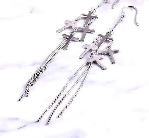 Antiqued silver cross drop earrings with multiple chain tassels