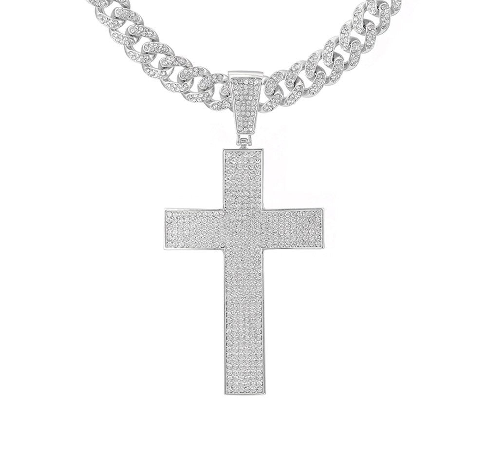 Silver-toned iced cross pendant on curb chain necklace with sparkling rhinestones