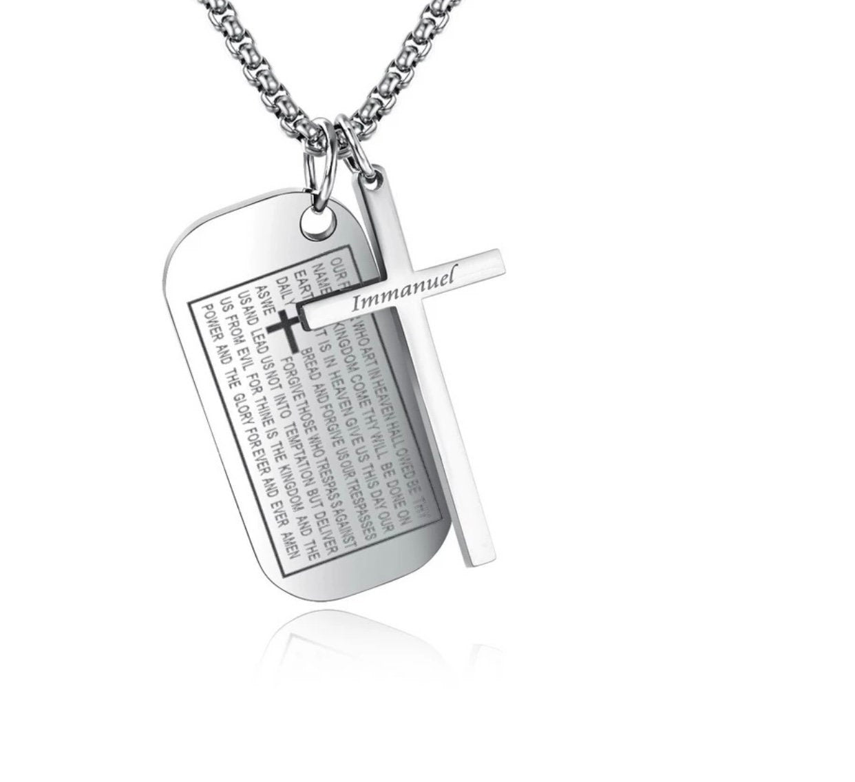 Stainless dog tag prayer necklace with cross and engraved text, on chain