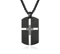 Black stainless steel dog tag necklace with textured cross pendant and link chain