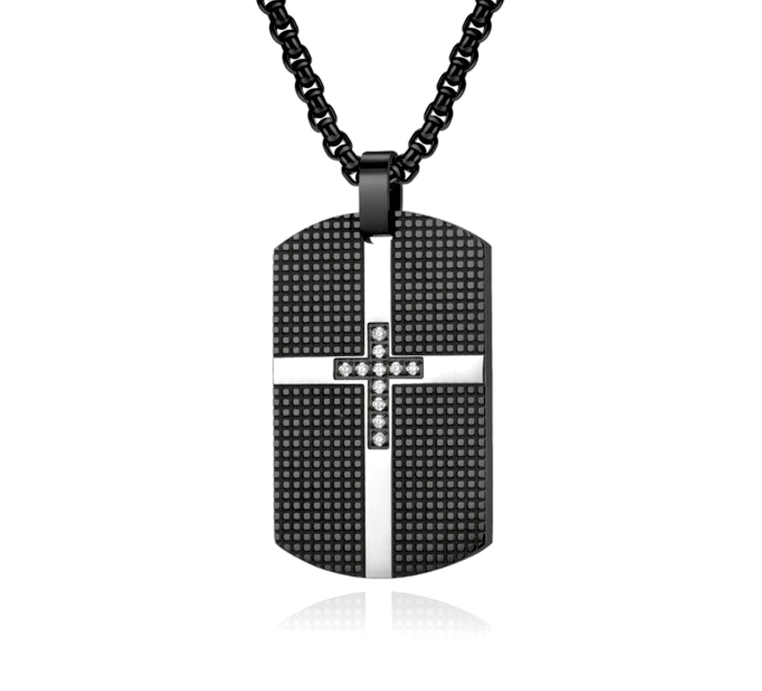 Black stainless steel dog tag necklace with textured cross pendant and link chain