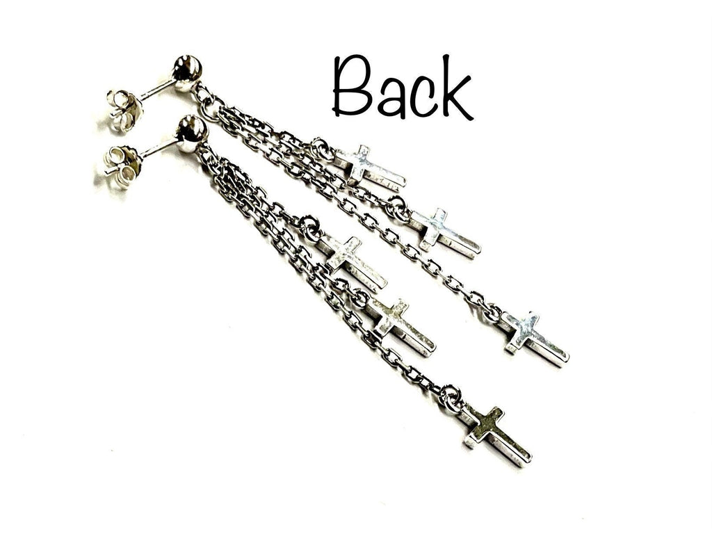 Back view: sterling silver cross dangle earrings with three chain strands and crucifix charms