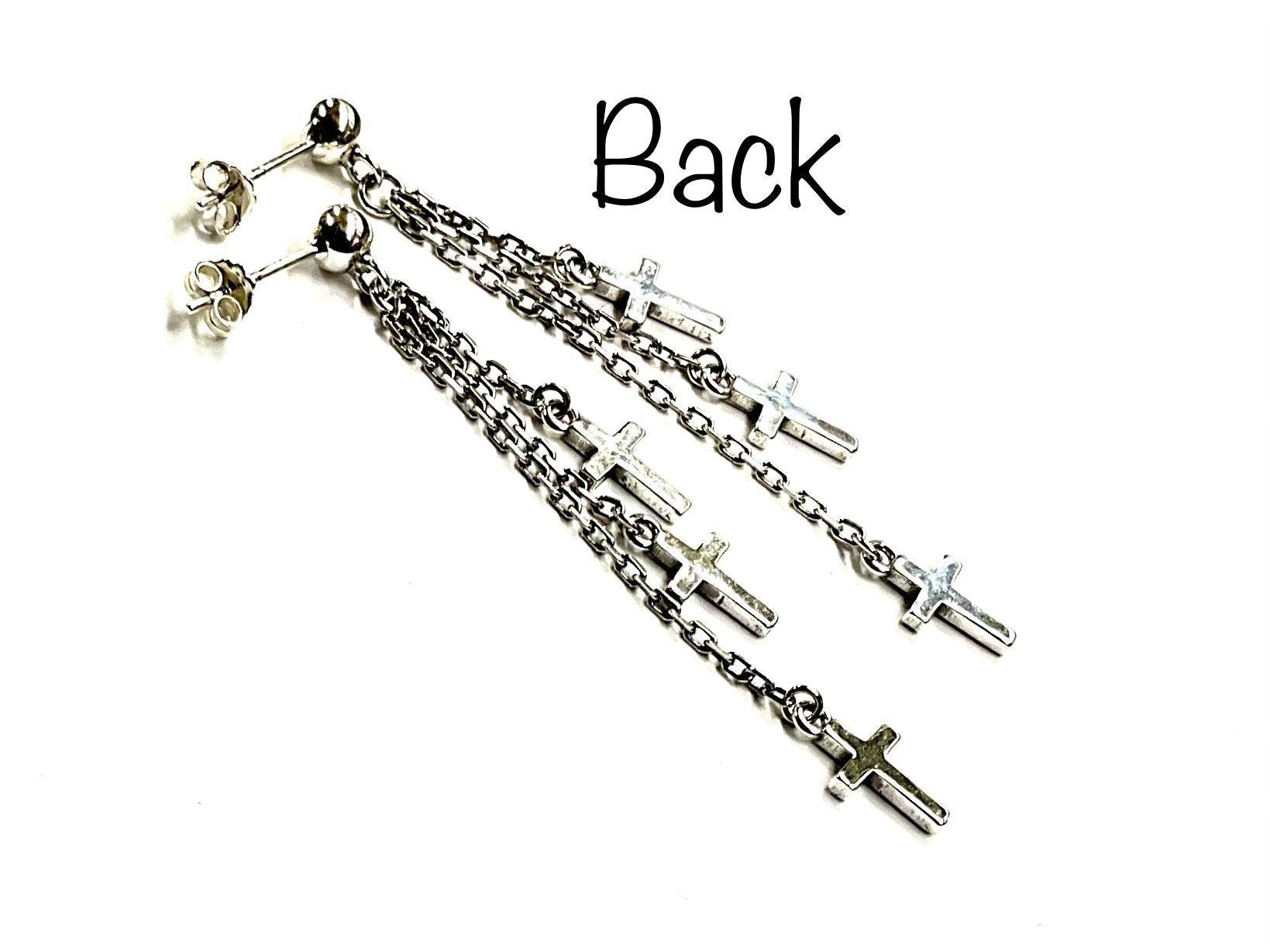 Back view: sterling silver cross dangle earrings with three chain strands and crucifix charms