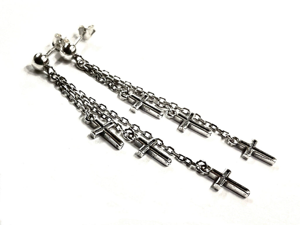 Sterling silver cross dangle earrings with three chain strands and crucifix charms, pair