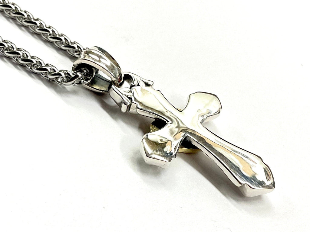 Sterling silver Jesus cross pendant with open heart and blue zircon on chain