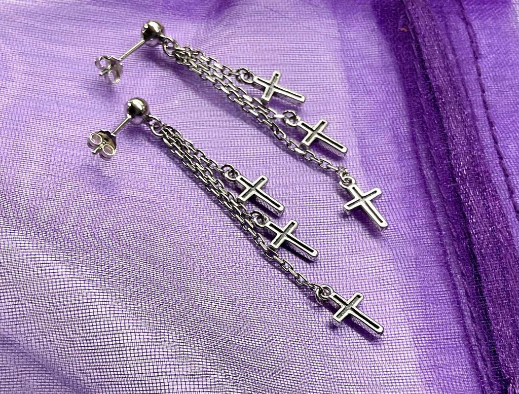 Sterling silver cross dangle earrings with three chain strands and crucifix charms