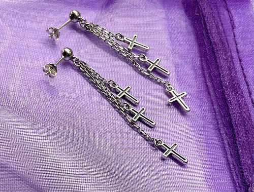 Sterling silver cross dangle earrings with three chain strands and crucifix charms