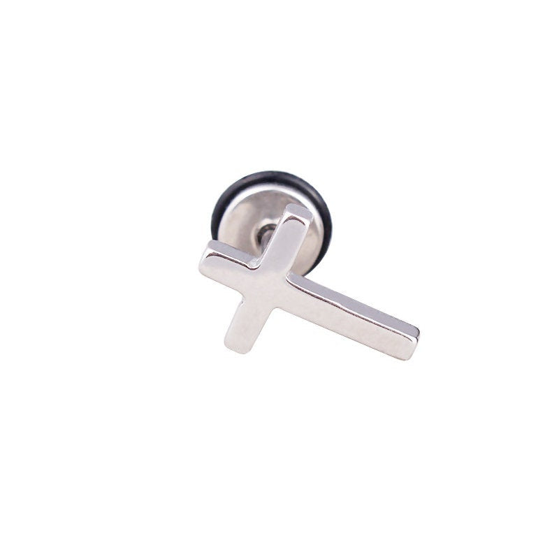 Silver-tone cross stud earring with screw-back post
