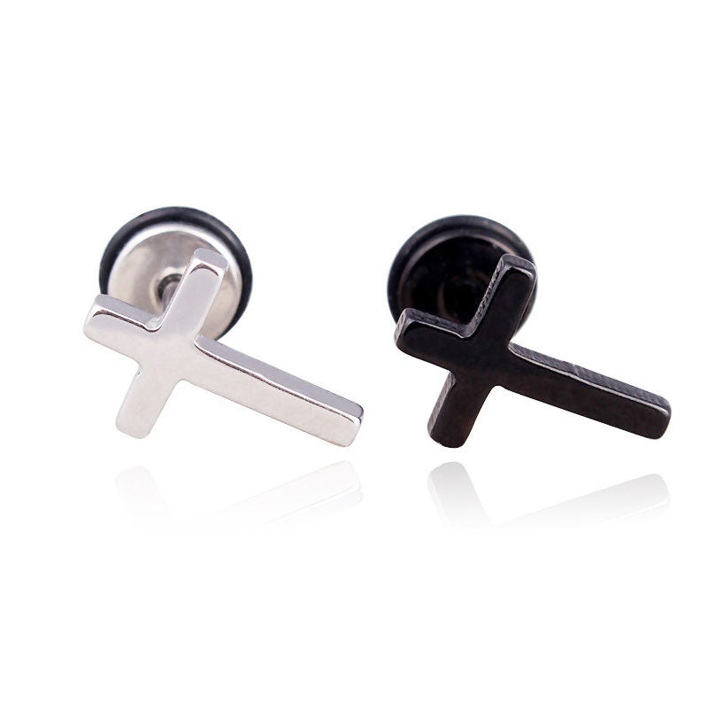 Cross stud earrings pair with screw-back posts, silver and black