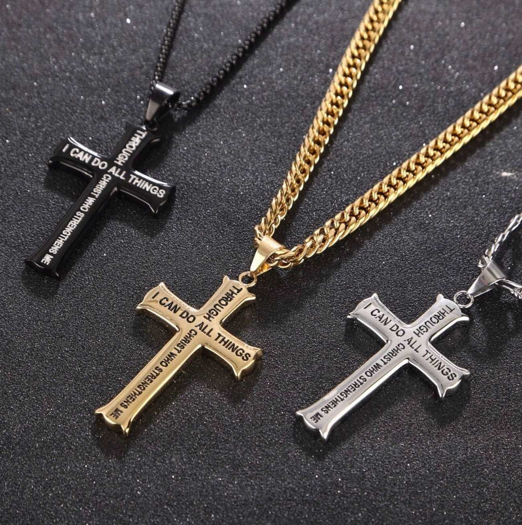 Stainless steel cross pendant necklace with engraved 'I can do all things' on black chain