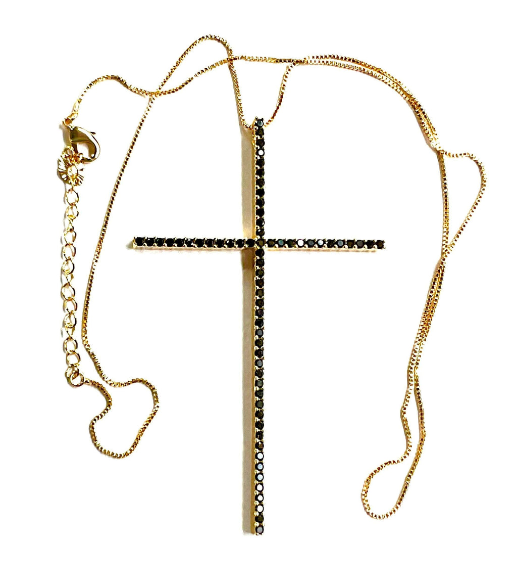 Gold chain crucifix cross necklace with black rhinestone detailing and vertical pendant