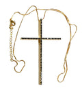 Gold chain crucifix cross necklace with black rhinestone detailing and vertical pendant