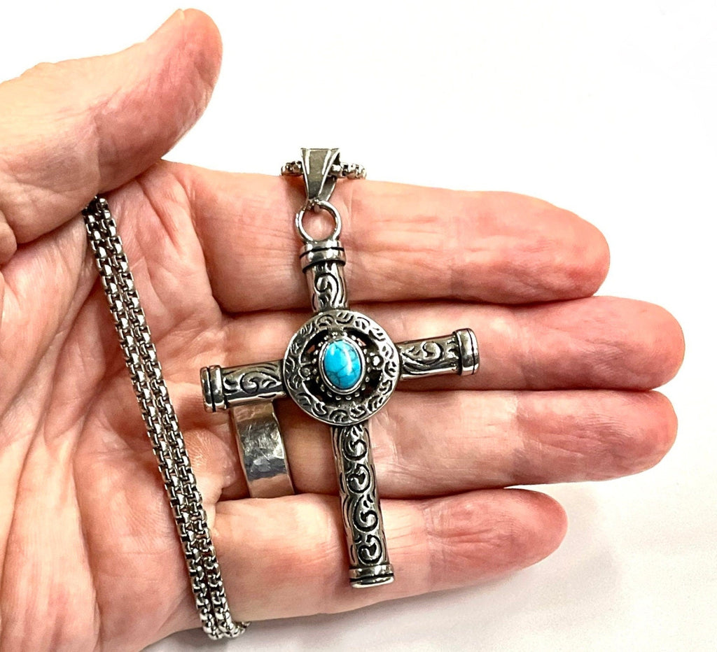 Stainless steel cross pendant necklace with turquoise center stone and ornate cross
