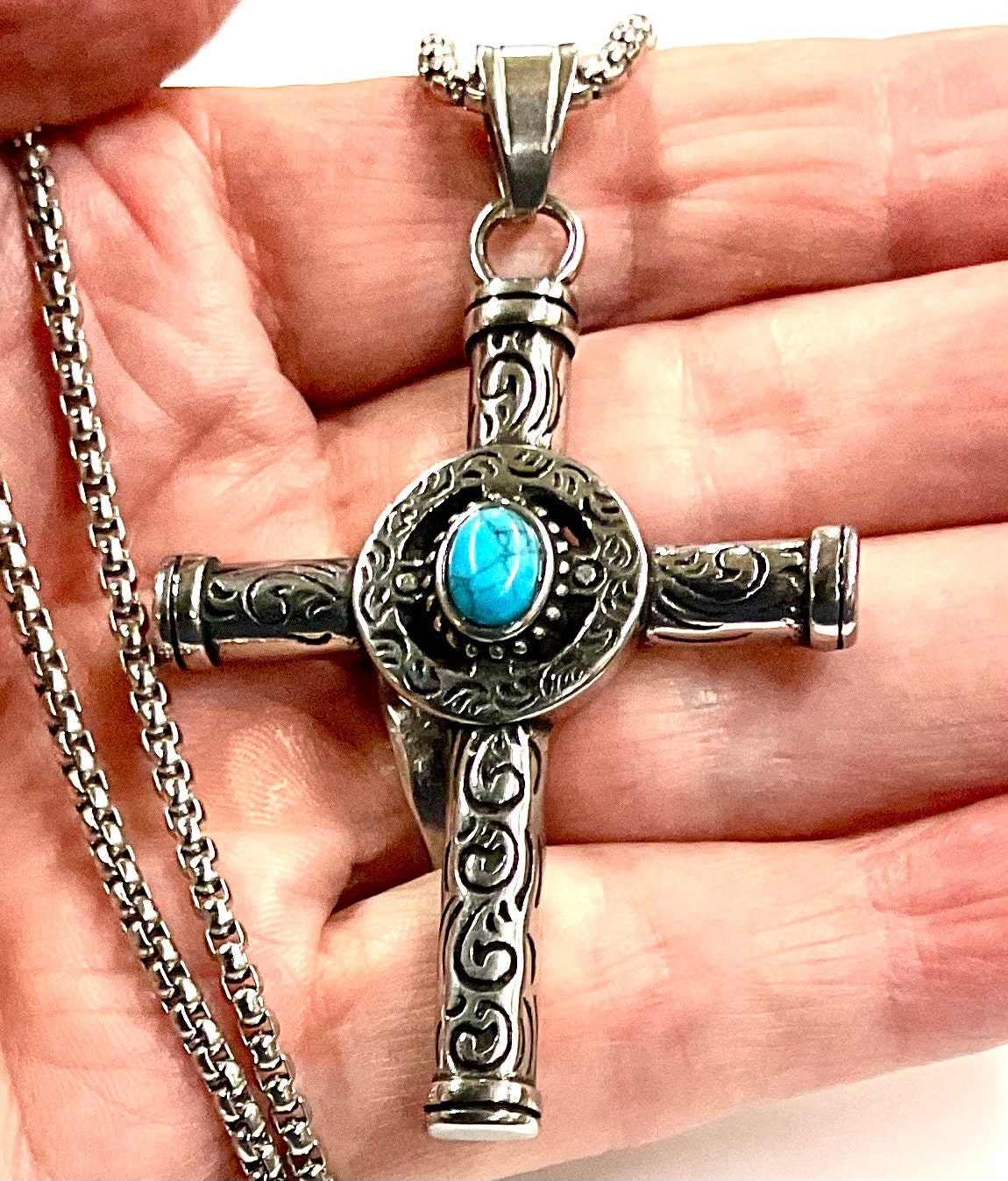 Stainless steel cross pendant necklace with turquoise cabochon center on link chain