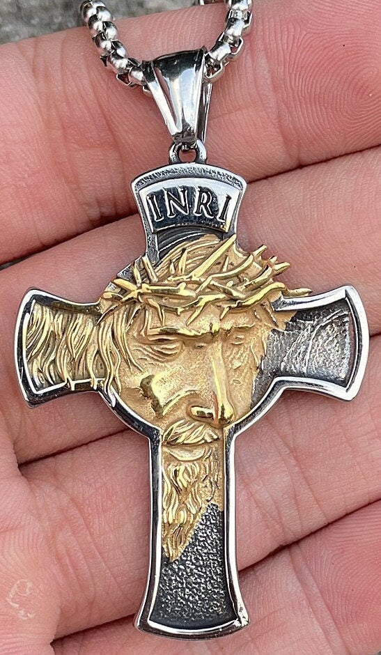 Silver and gold crucifix necklace pendant with INRI plaque, Jesus face and thorns