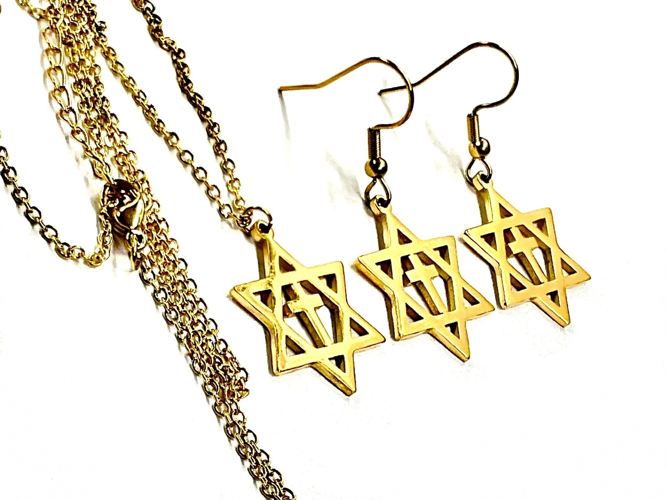 Gold-tone Star of David cross drop earrings with linked necklace chain
