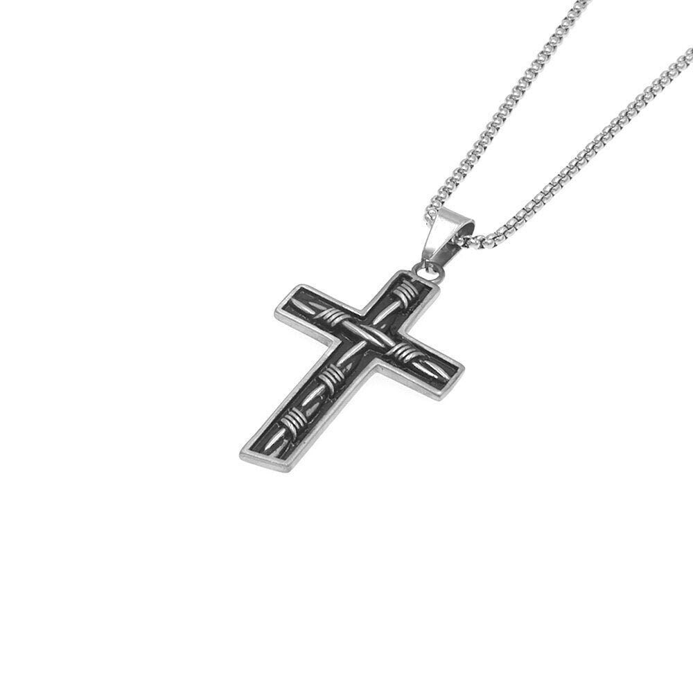 Stainless steel crucifix pendant necklace with dark cross and silver curb chain