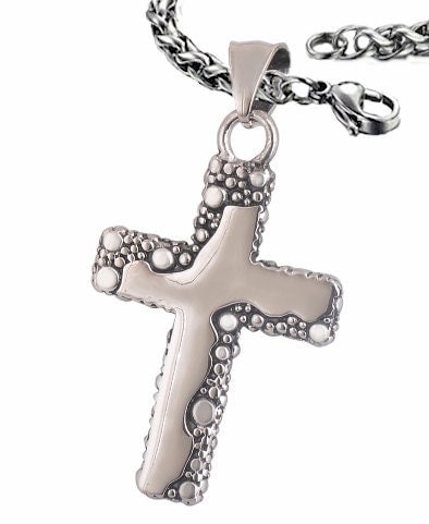 Stainless steel crucifix pendant with ring bail, heavy chain necklace.