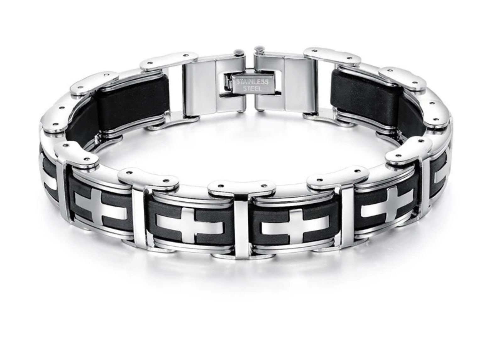 Stainless steel cross link bracelet with black panel insets, flat front view