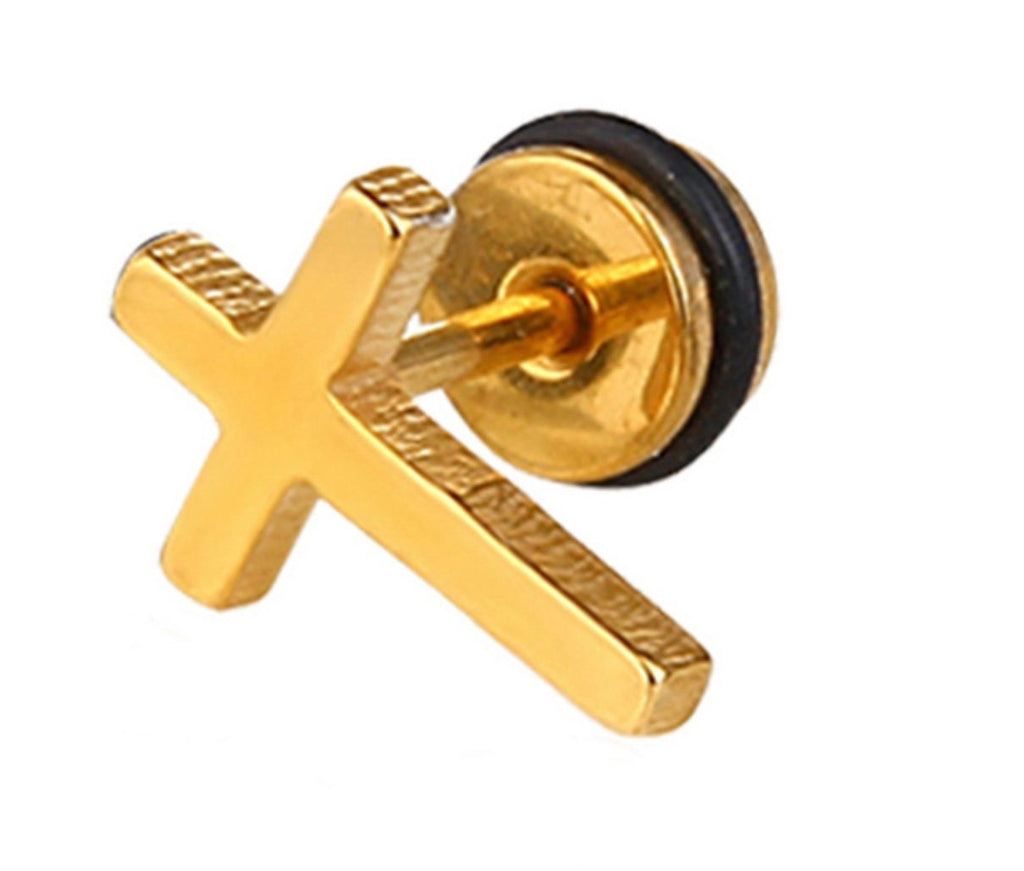 Gold-tone cross stud earring with screw-back post