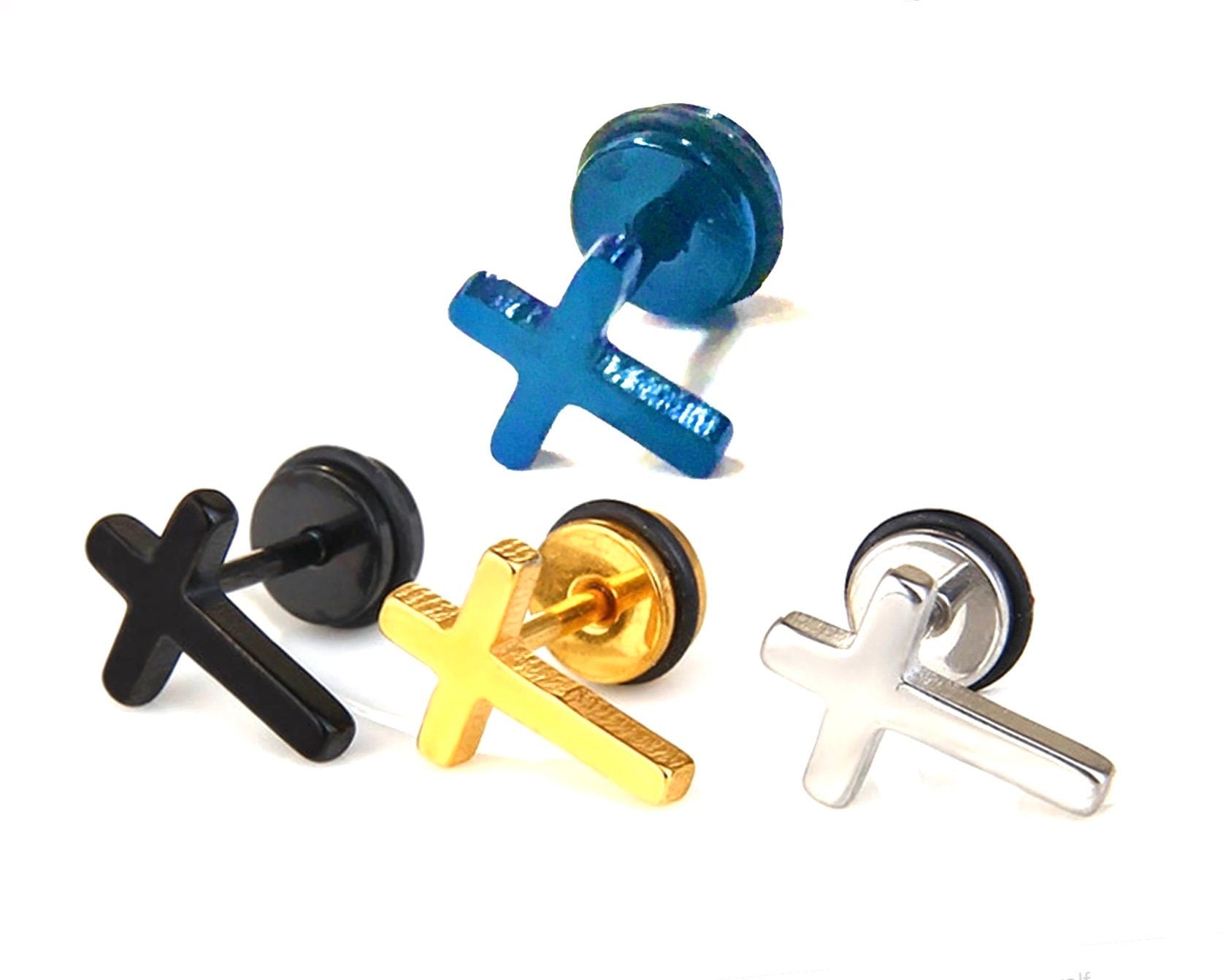 Cross stud earrings with screw-back posts, multiple finishes (blue, gold, black, silver)
