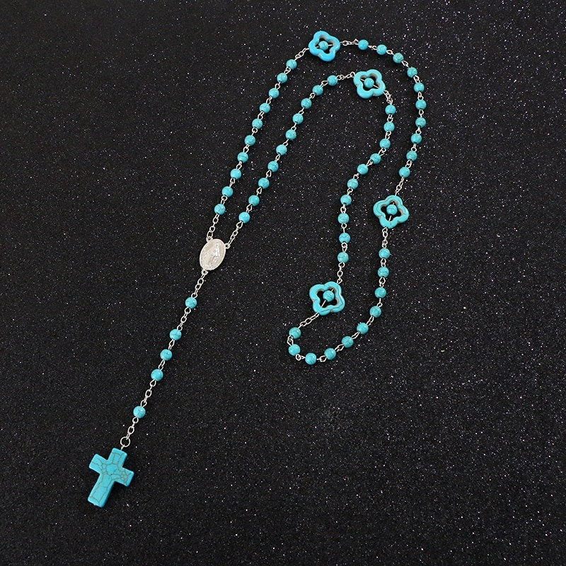 Turquoise bead rosary necklace with cross charm and flower links