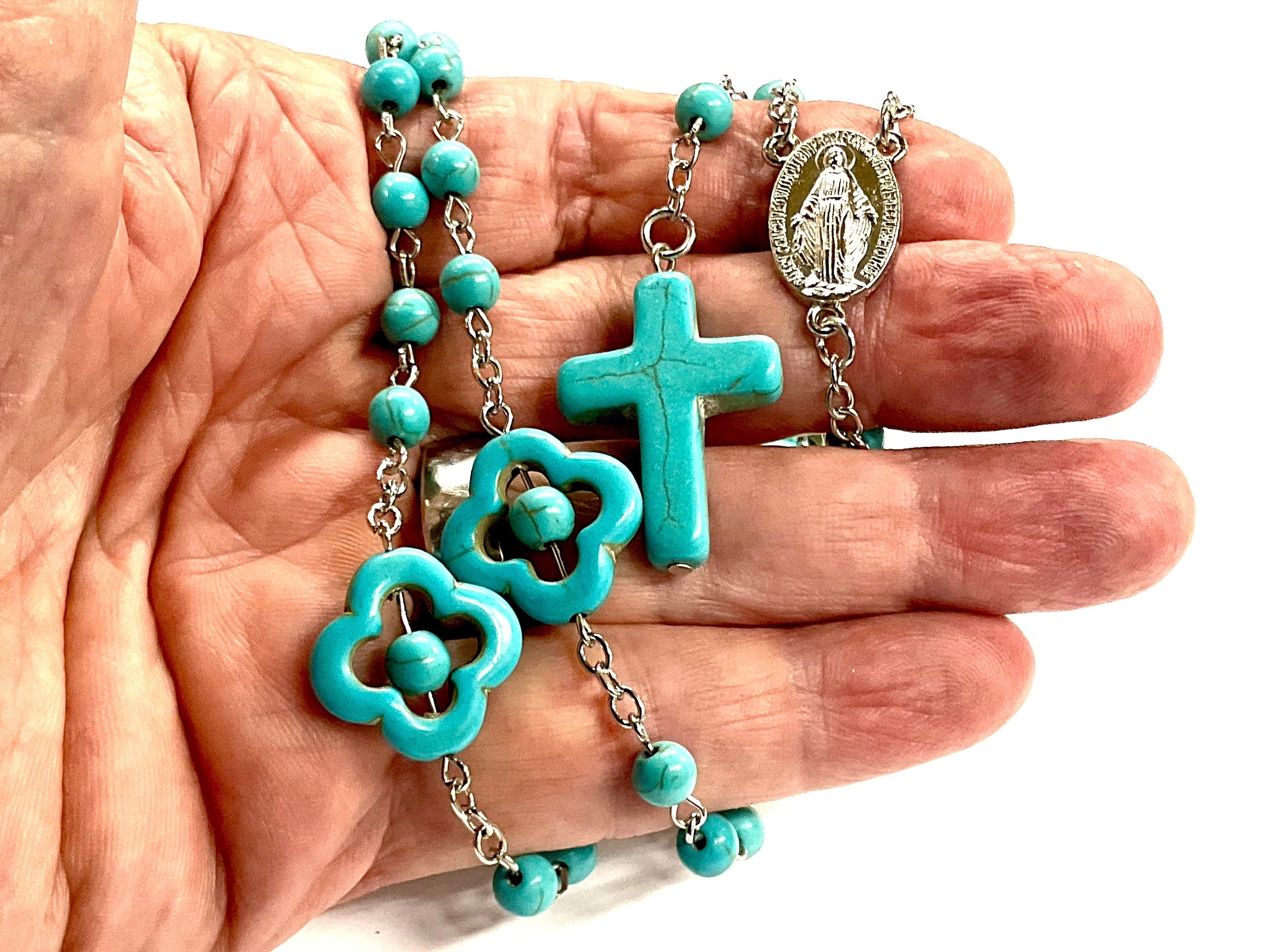 Turquoise bead rosary necklace with cross and portrait medal charm