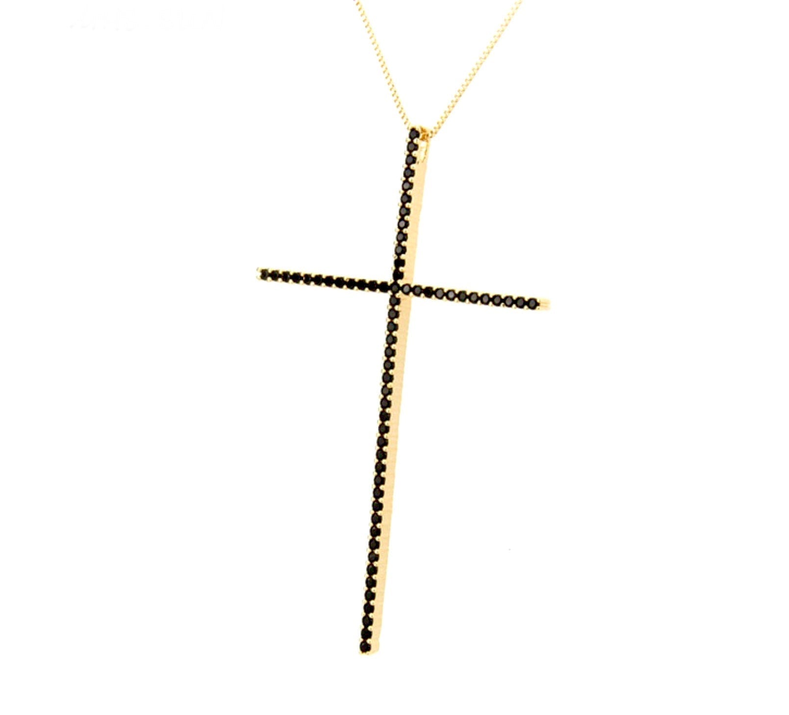 Crucifix cross necklace with black rhinestone center and thin gold chain