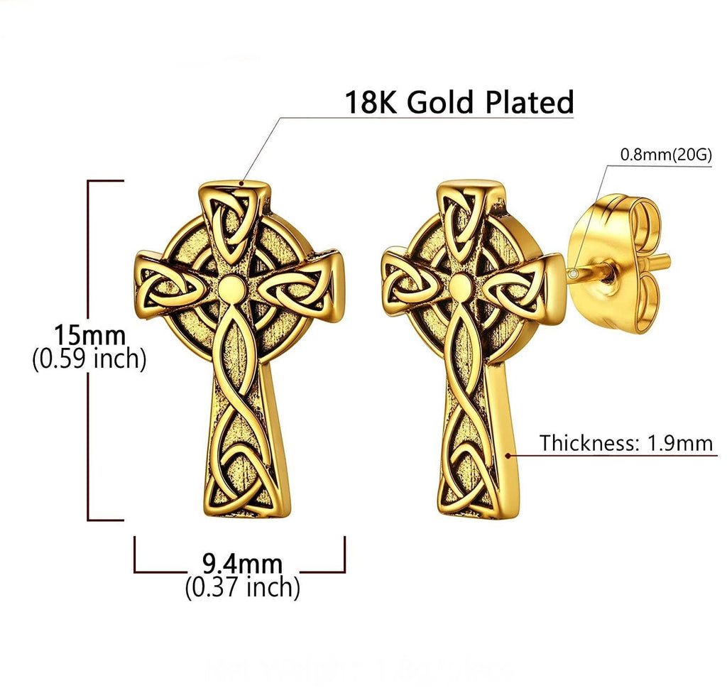 18K gold-plated Celtic knot cross stud earrings with post backs, size labeled