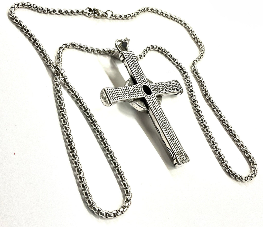 Stainless steel cross pendant necklace with textured silver cross and link chain