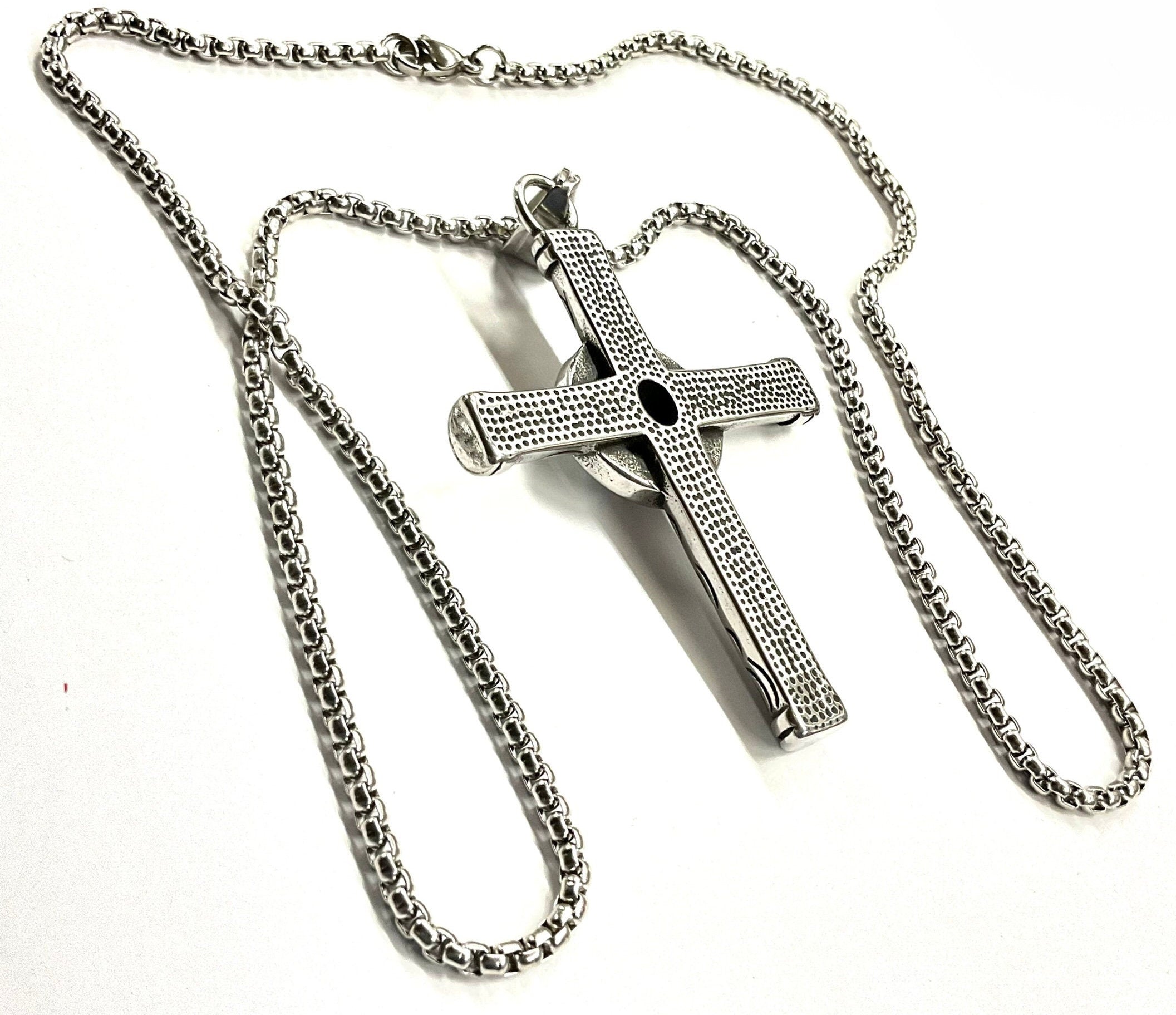 Stainless steel cross pendant necklace with textured silver cross and link chain