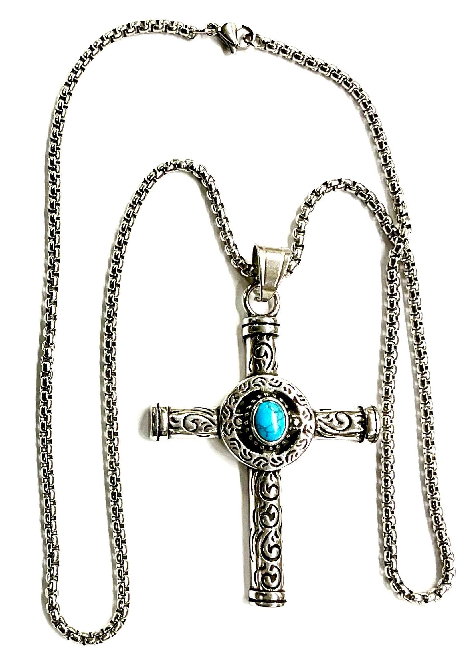 Stainless steel cross pendant necklace with turquoise center disc and ornate cross