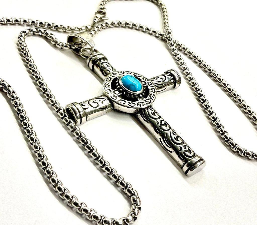Stainless steel cross pendant necklace with turquoise round center stone and link chain