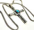 Stainless steel cross pendant necklace with turquoise round center stone and link chain
