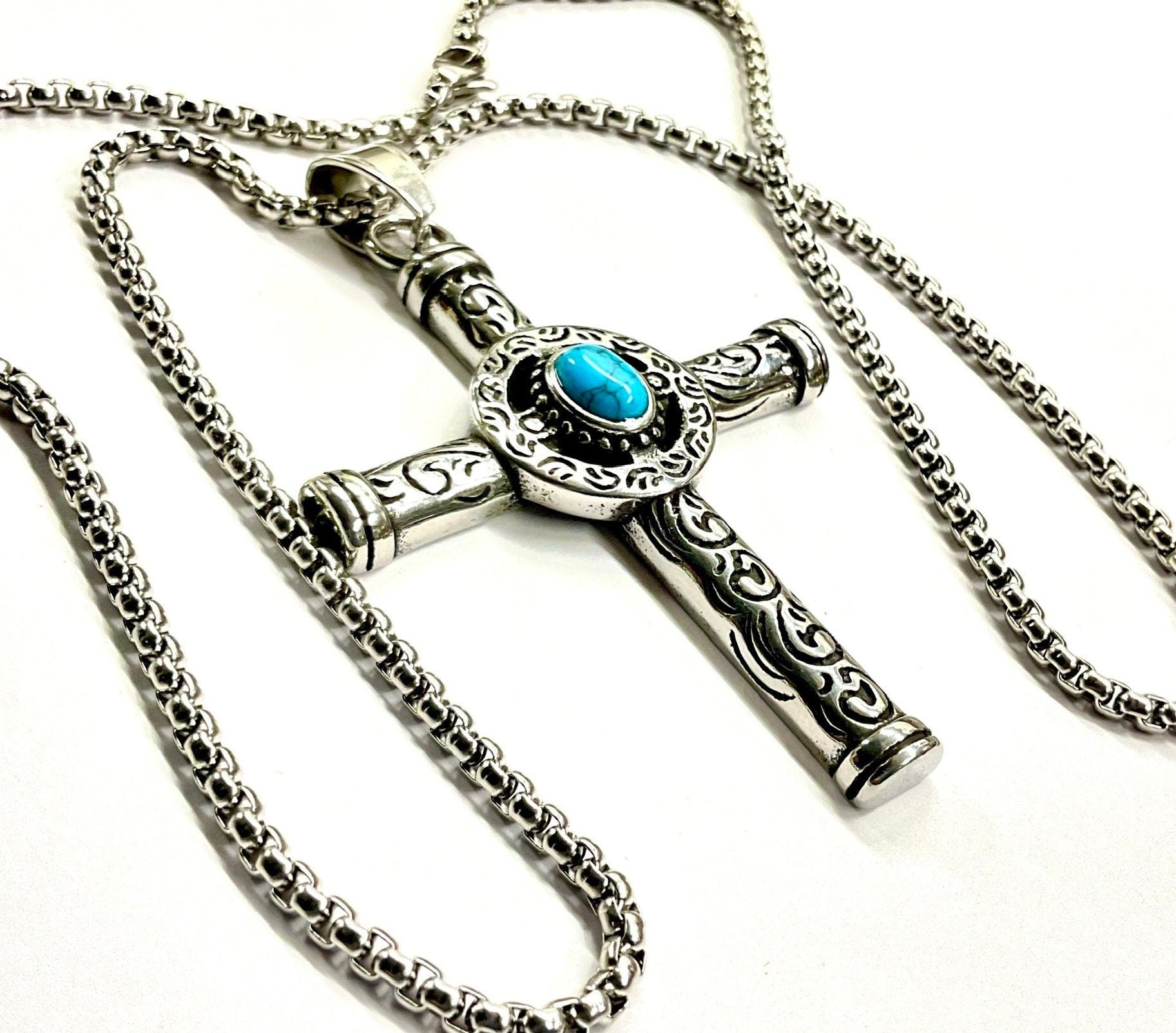 Stainless steel cross pendant necklace with turquoise round center stone and link chain