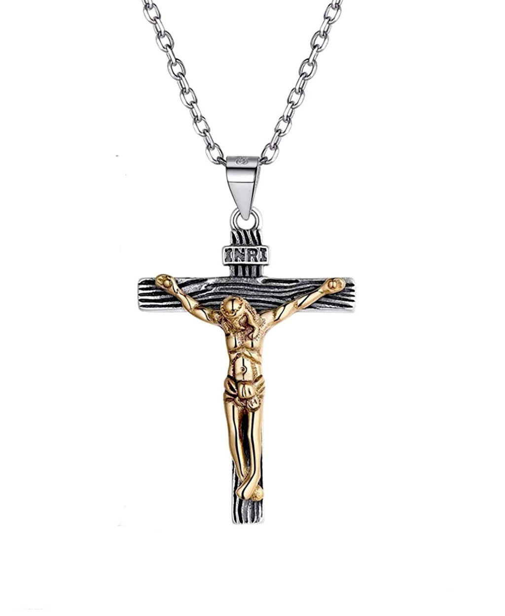 Silver and gold crucifix pendant with Jesus figure and INRI plate on chain