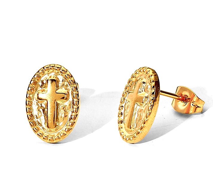 Gold oval cross stud earrings with post back, side-by-side