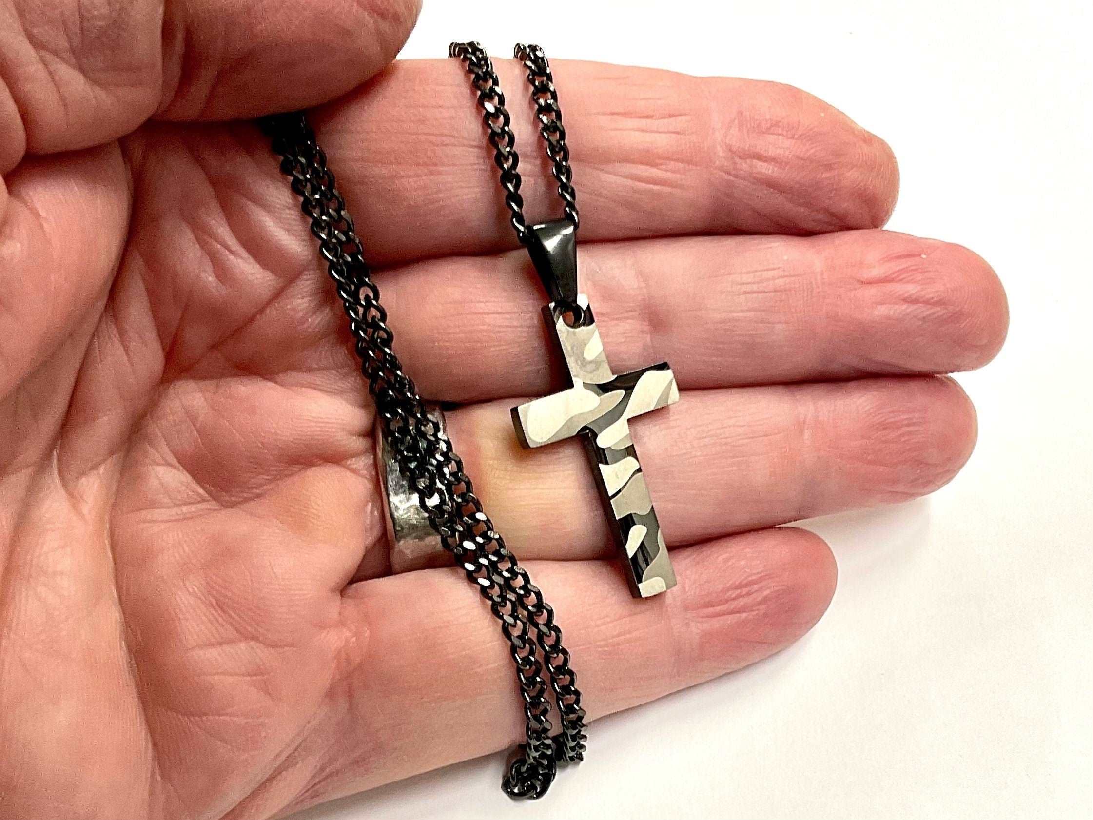 Black curb chain necklace with camouflage crucifix cross pendant, stainless steel