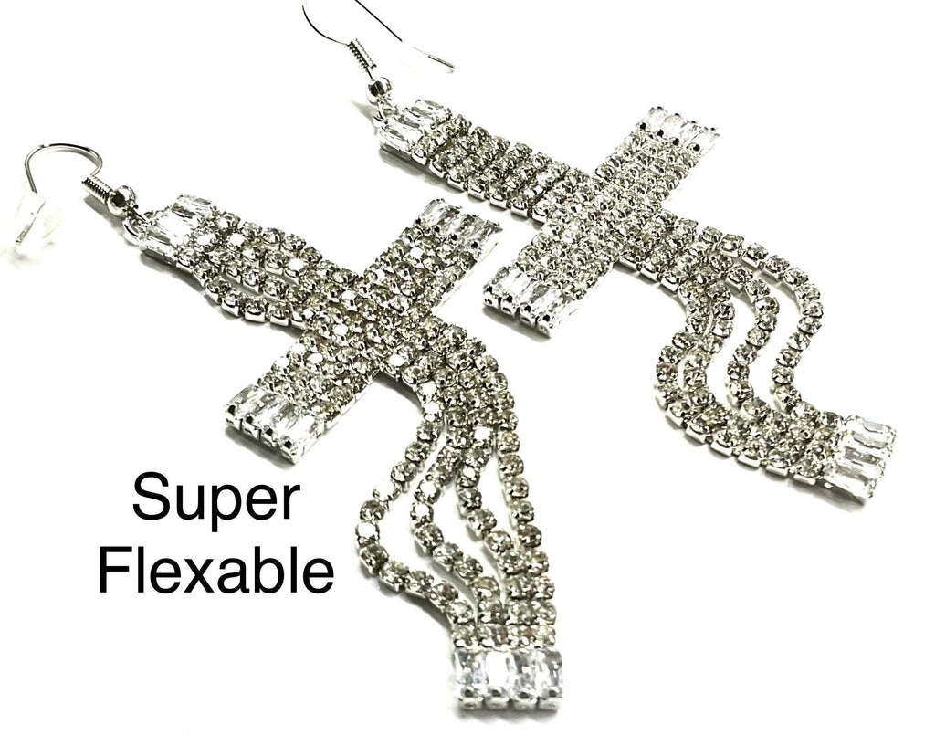 Rhinestone cross dangle earrings, long cross with row stones and silver-tone hooks
