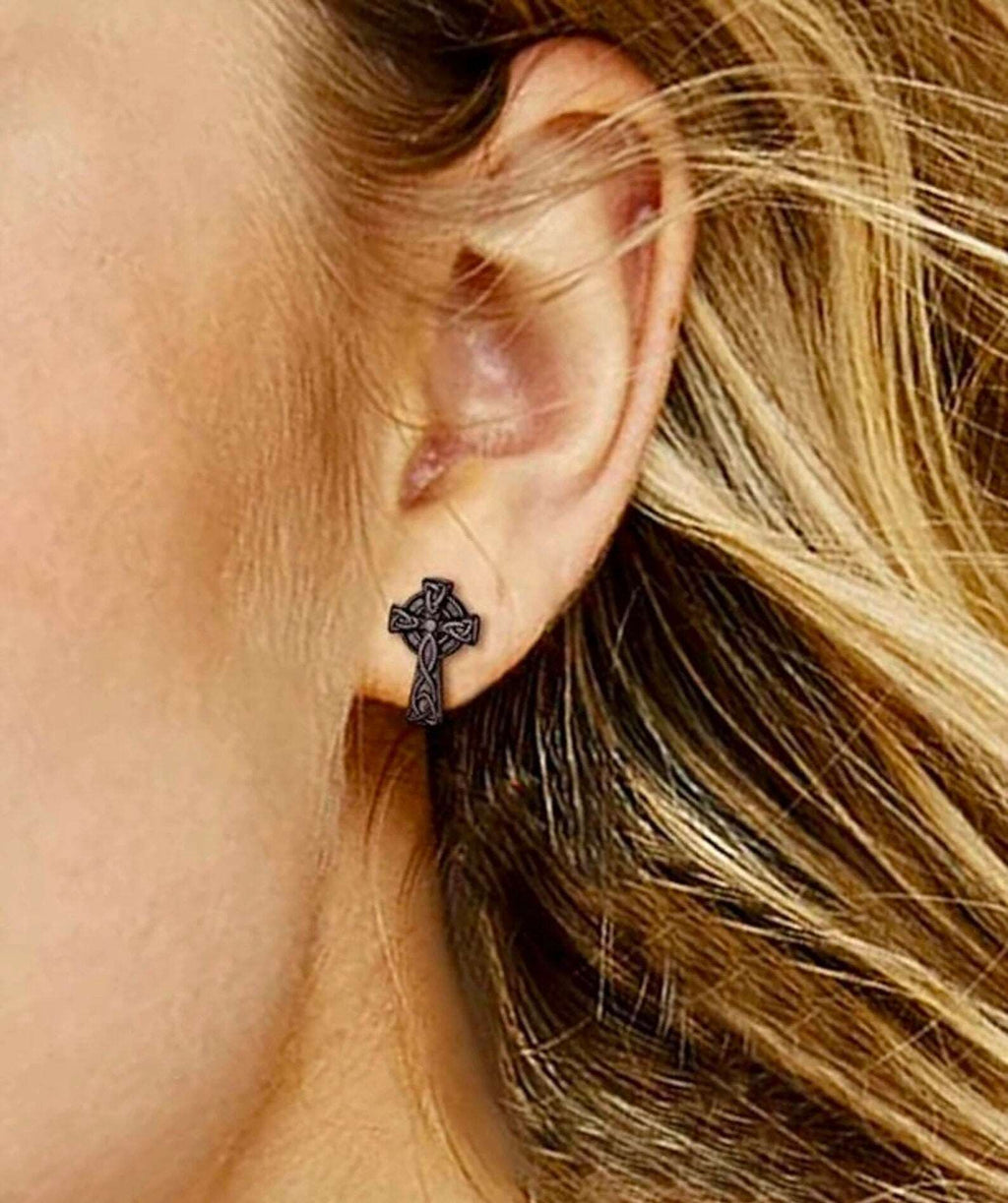Celtic knot cross stud earring in dark black finish with textured knot pattern