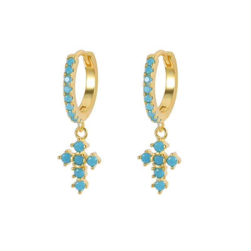Gold-tone hoop earrings with turquoise cross charm, beaded style
