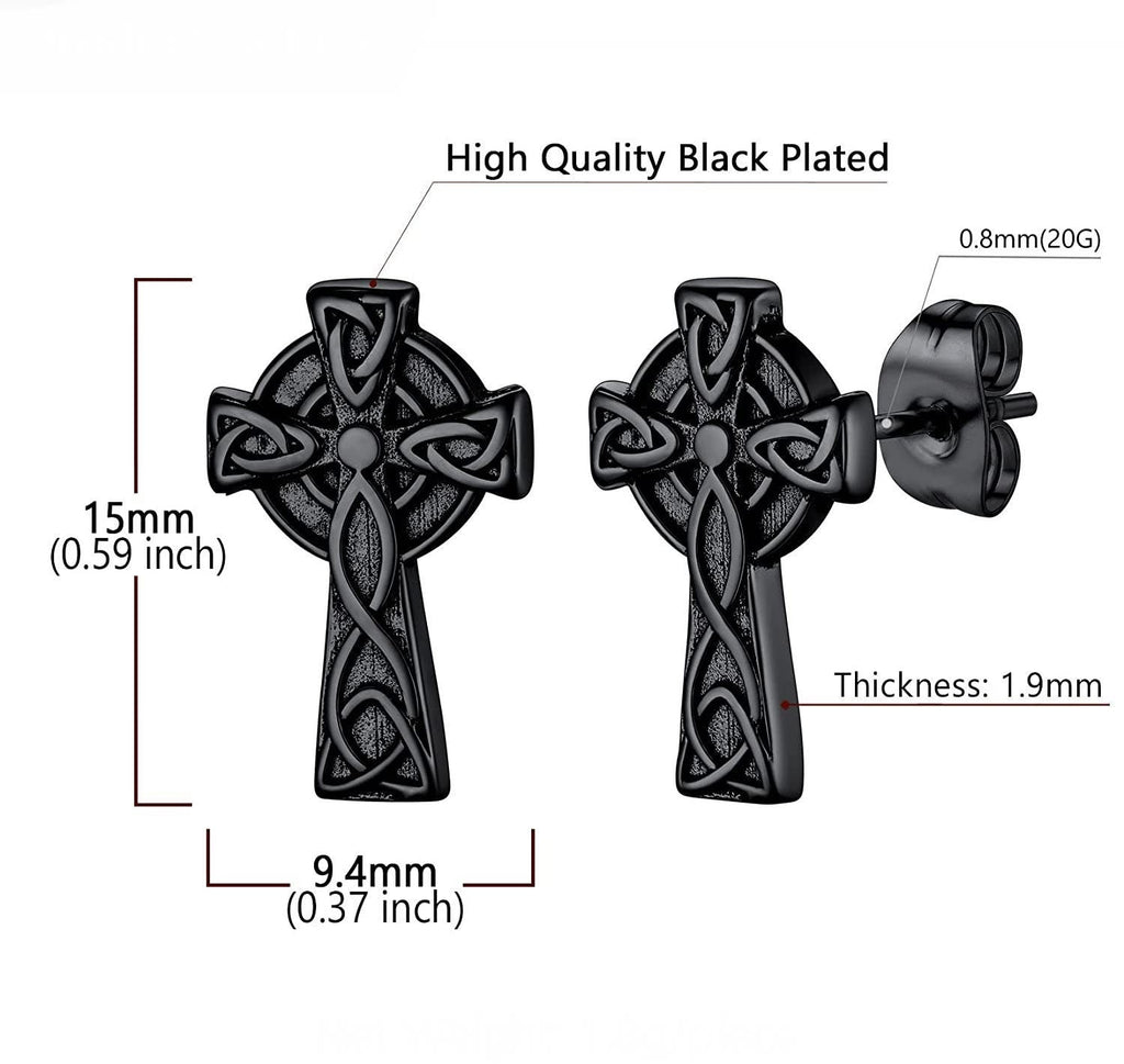 Black-plated Celtic knot cross stud earrings with post backs, size labeled